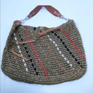 J Crew Rafia & Ribbon Leather Boho Hippy Purse Hobo Green Shoulder Bag Natural